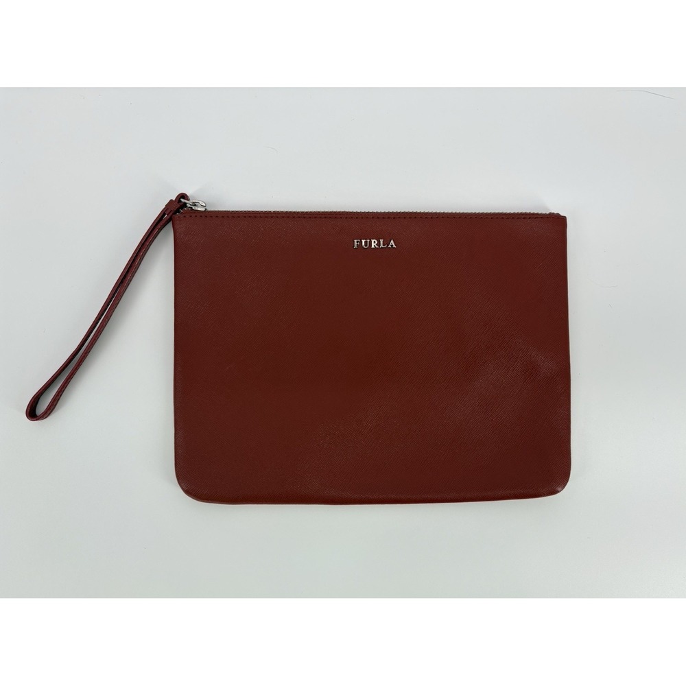 Furla Clutch Wristlet Bag Burnt Orange Genuine Leather Zip Pouch Small Italy